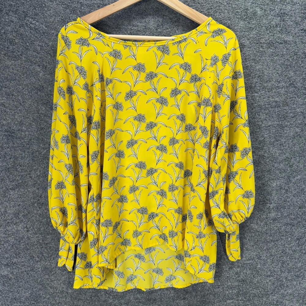 Pappermoon Blouse Women L Large Yellow Floral Long Sleeve Round Neck Casual
